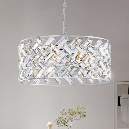 Chrome Crystal Chandelier, 18" Modern Drum Ceiling Light Fixture, 6-Light Semi Flush Mount Pendant with K9 Crystals, Round Hanging Lighting for Dining Room, Living Room, Bedroom, Kitchen, Hallway