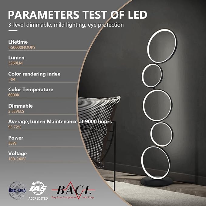LED Modern Floor Lamp for Bedroom, 3 Way Bright Dimmable Corner Floor lamp with 5-Ring 2-in-1 Standing Tall End Table Lamp for Living Room & Office Reading Light, 3260LM, 6000K, Black.