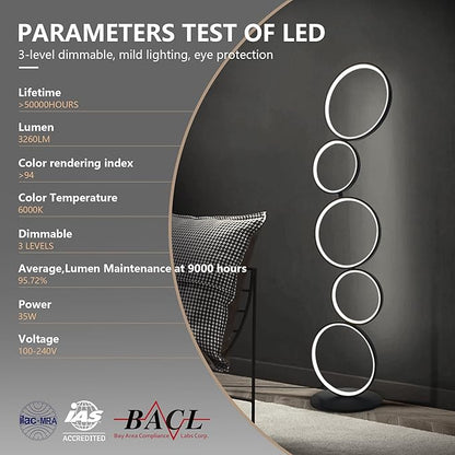 LED Modern Floor Lamp for Bedroom, 3 Way Bright Dimmable Corner Floor lamp with 5-Ring 2-in-1 Standing Tall End Table Lamp for Living Room & Office Reading Light, 3260LM, 6000K, Black.