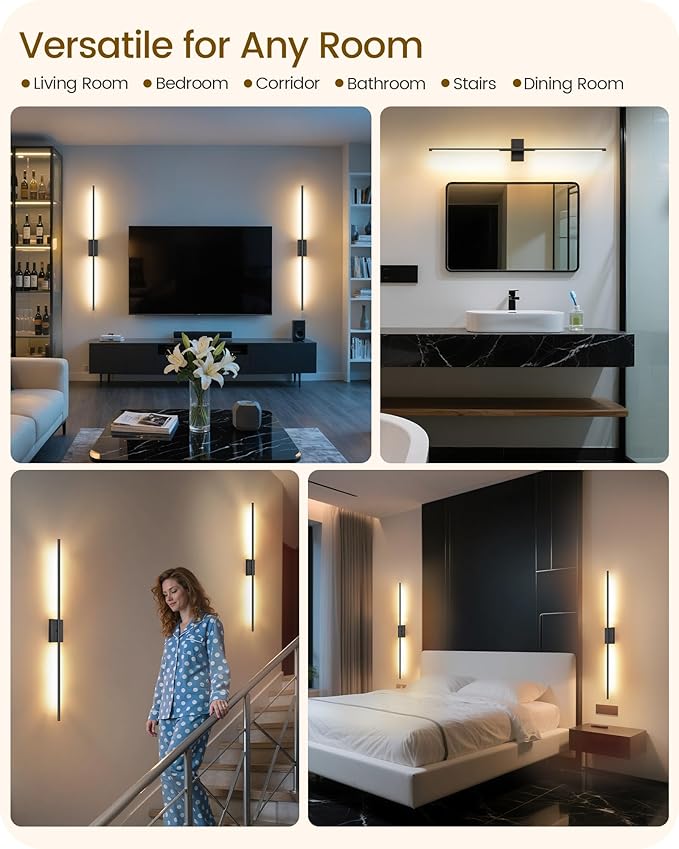 39.4" Wireless Wall Sconces Battery Operated Set of 2, Rechargeable Lamps with Remote, 360° Rotation, 10000mAh, Touch Dimmable Lights for Bedroom, Living Room, Hallway, Black B07YBP205