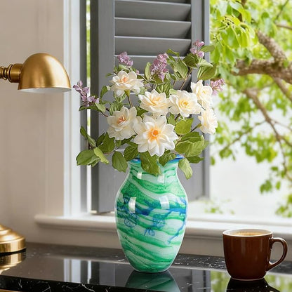 Glass Vases for Flower, Unique Hand Blown Green Glass Vase, Modern Art Decorative for Home Living Room, Office, Table centerpieces, Bookshelves and Wedding Decorations (JG33)