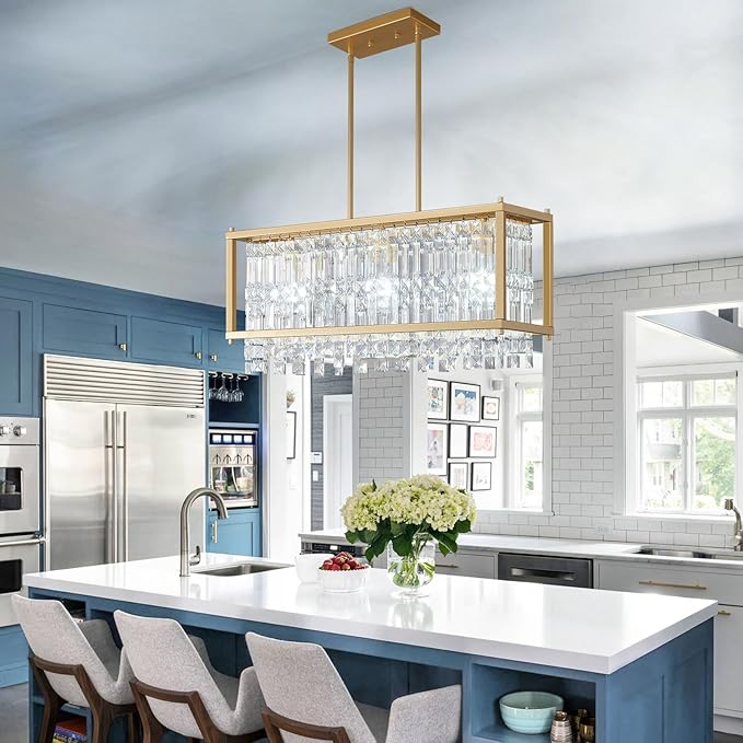 LMQNINE Modern Rectangle Chandelier for Dining Room, Gold Crystal Chandelier Linear Light Fixture, Farmhouse Chandeliers for Kitchen Island, Bar Table, L25.98'' x W9.84'' x H8.66''