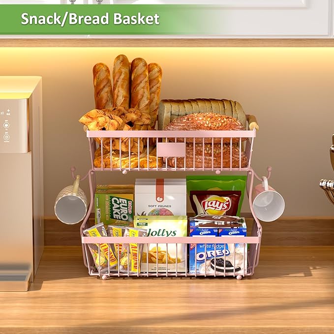 2 Tier Fruit Basket for Kitchen Counter with 2 Banana Hangers, Countertop Metal Fruit Bowl with Wooden Handle, Large Storage Stand for Vegetables, Snacks, Breads, Produce Storage – Pink