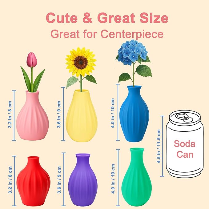 Small Unbreakable Plastic Bud Vases - Set of 6 Colorful Mini Flower Vases (3.2"-3.9") - Weighted & Leak-Proof for Table Centerpieces & Plant Lovers