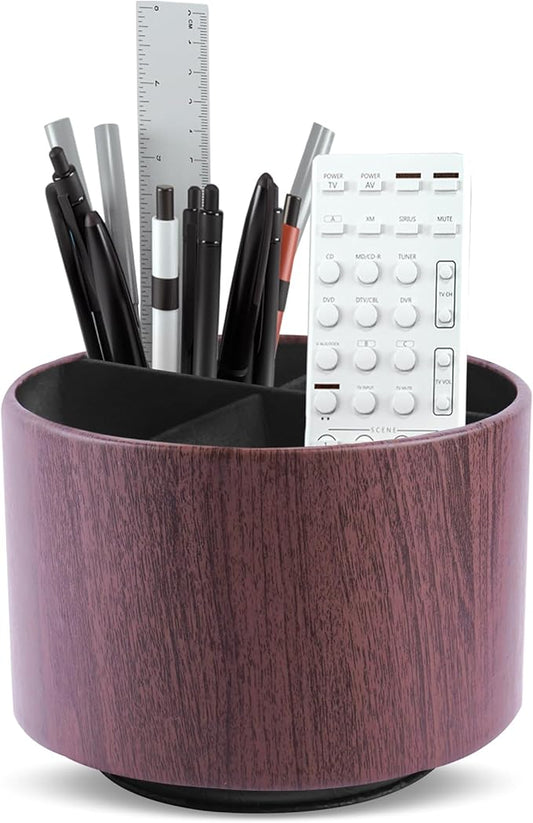 Round Leather Art Supply Organizer,Remote Control Holder,360 Degree Spinning,Multi-Functional Pencil Holder,4 Compartments Desktop Stationary Organizer(1-Thin Wood Dark Brown)