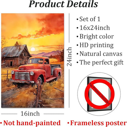 Farmhouse Scenery Canvas Red Truck Picture Farm Tractor Wall Art Old Barn Posters Old Tractor Painting Country House Artwork Rustic Landscape Picture Sunset Farmhouse Wall Art 16x24in No Frame
