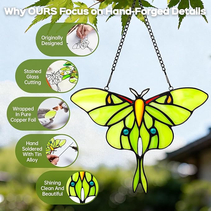 Luna Moth Sun Catcher Stained Glass Window Hanging IDEA SHOW 7.3Inch Handmade Real Glass Suncatcher Ornaments, Elegant Green Butterfly Memorial Gifts for Women, Mom, Grandma