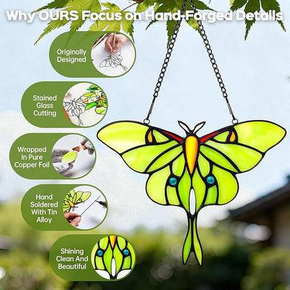 Luna Moth Sun Catcher Stained Glass Window Hanging IDEA SHOW 7.3Inch Handmade Real Glass Suncatcher Ornaments, Elegant Green Butterfly Memorial Gifts for Women, Mom, Grandma