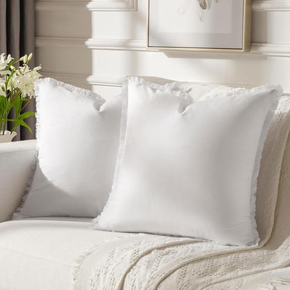 FUTEI Cream White Velvet Decorative Throw Pillow Covers 26x26 Set of 2,Soft Cozy Edge with Tassels Euro Pillow Shams,Boho Modern Home Decor for Couch Bed Living Room