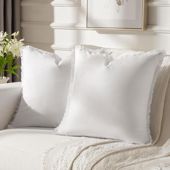 FUTEI Cream White Velvet Decorative Throw Pillow Covers 24x24 Set of 2,Soft Cozy Edge with Tassels European Cushion Case,Boho Modern Home Decor for Couch Bed Living Room