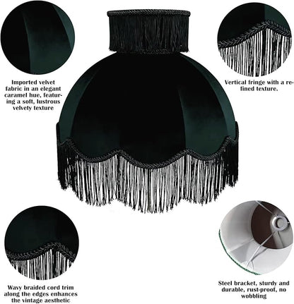 Caramel-colored velvet fringe lampshade 7.8" Top x 17.7" Bottom x 13.4" High x 15 Slant"- Large Dome with Scalloped Edge & Fringe Tassels, for Table/Floor Lamps (1, Dark green, Large)