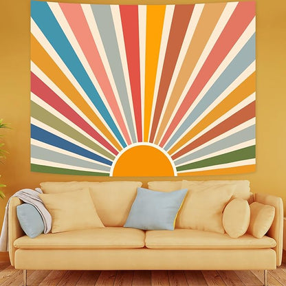 Kanuyee Boho Burning Sun Tapestry Wall Hanging, Retro 70s Abstract Vintage Geometric Rainbow Sunrise Tapestries for Bedroom Living Room Backdrop 36×48 inch