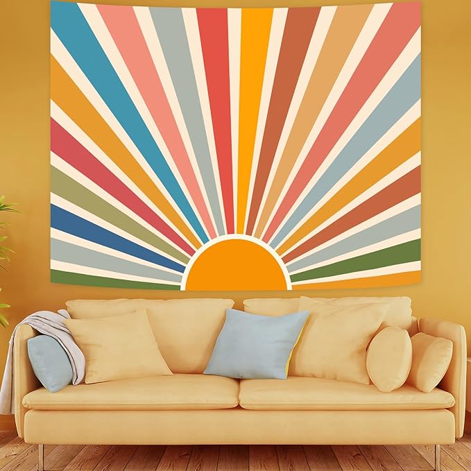 Kanuyee Boho Burning Sun Tapestry Wall Hanging, Retro 70s Abstract Vintage Geometric Rainbow Sunrise Tapestries for Bedroom Living Room Backdrop 44×60 inch