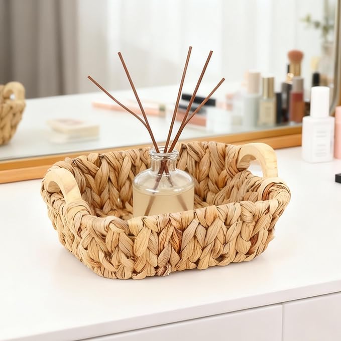 Square Water Hyacinth Basket with Wooden Handles, Small Woven Storage Organizer for shelf