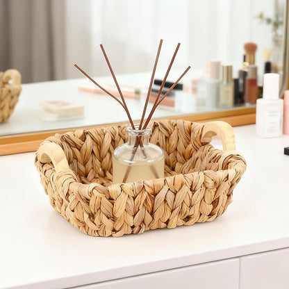 Square Water Hyacinth Basket with Wooden Handles, Small Woven Storage Organizer for shelf