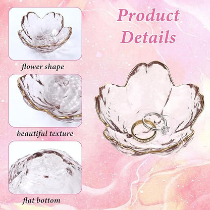 Ouligay Small Cute Jewelry Dish Tray Flower Jewelry Ring Dish Trinket Tray Ring Holder for Women Glass Jewelry Plate Dish with Gilt-Edged Blossom Design Gift for Wife Mom Daughter(Pink)