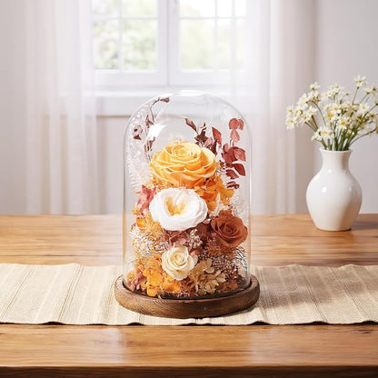 Flowers for Delivery Prime Preserved Flowers Rose in Glass Dome,Orange Rose Forever Flowers Birthday Gifts for Women Mom Grandma Friend Thanksgiving Gifts for Her,Home Decor