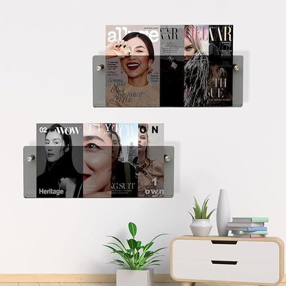 2 Pack Acrylic Magazine Holder, Wall Mounted Magazine Rack Floating Bookshelf for Waiting Room, Living Room, Office, Home (Black, 24 Inch)