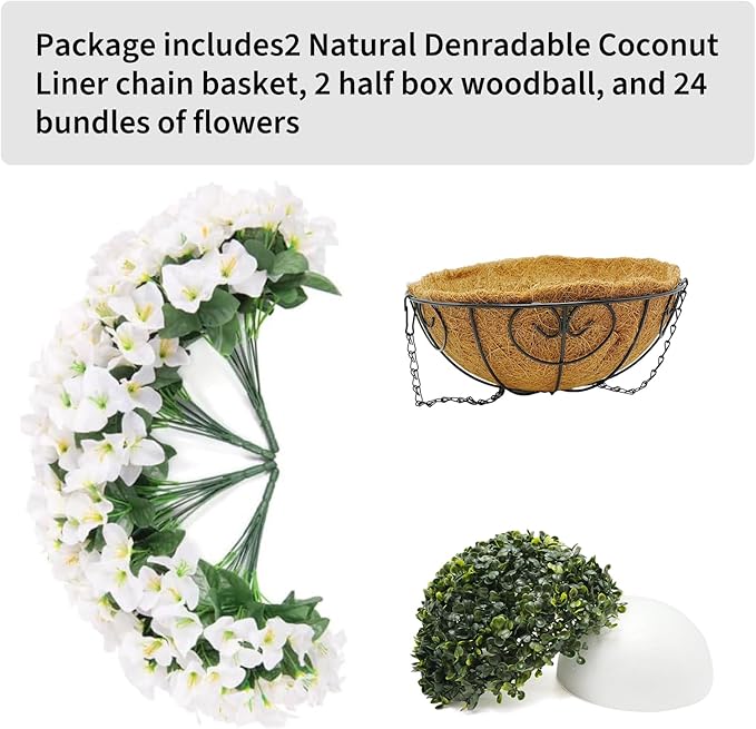 Hanging Planters with Plant Hangers for Indoor Outdoor Decor 2 Pack Artificial White Bougainvillea 30CM Half-Round Coconut Fiber Wall-Mounted Hanging Baskets with Sturdy Iron Chain and Frame