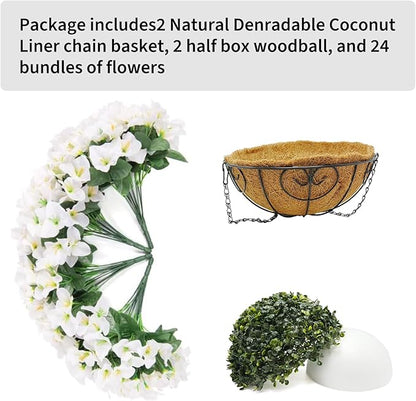Hanging Planters with Plant Hangers for Indoor Outdoor Decor 2 Pack Artificial White Bougainvillea 30CM Half-Round Coconut Fiber Wall-Mounted Hanging Baskets with Sturdy Iron Chain and Frame