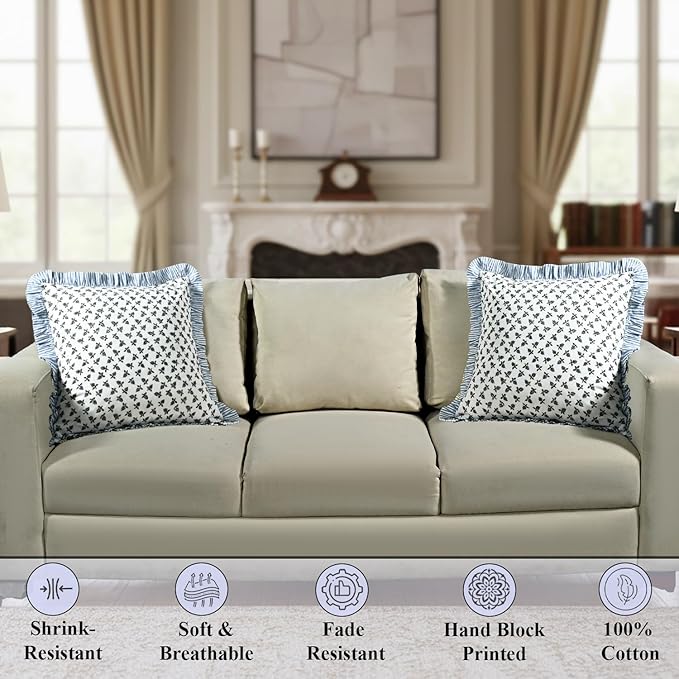 Ridhi Baby Blossams Modern Farmhouse Pillow 24x24 Block Print Cotton Throw Pillow Covers Set of 2 Cushion Covers with Ruffle Couch Sofa Bed Living Room Home Decor Christmas, Thanksgiving