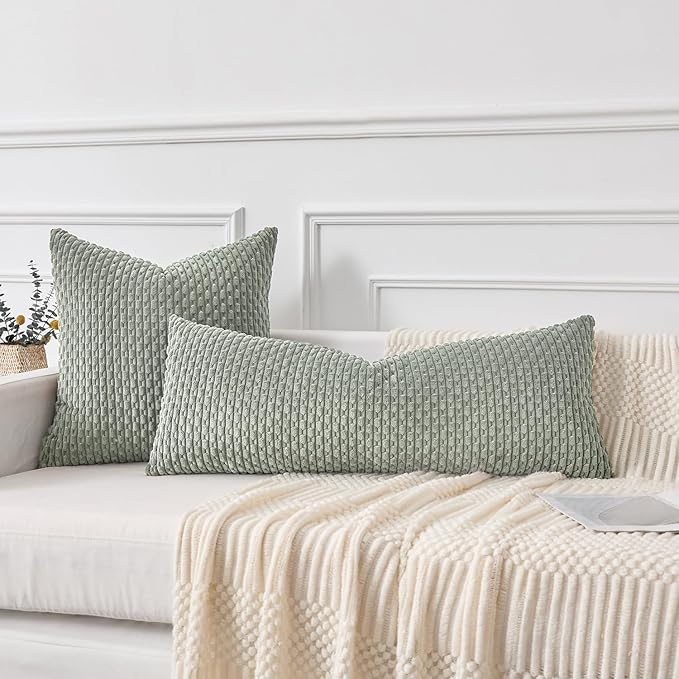 Kevin Textile 20x54 Inch Long Body Lumbar 1 Pack Boho Decorative Throw Pillow Cover Soft Striped Corduroy Rectangle Cushion Case Farmhouse Accent for Living Room Couch Sofa Bed, Greyish Green
