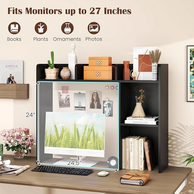 Desktop Bookshelf, 3-Tier Wood Countertop Bookcase with 5 Shelves, Desk Hutch for College Dorm, Multipurpose Desk Organizer Shelf Display Rack for Home Office, Hutch Top Only