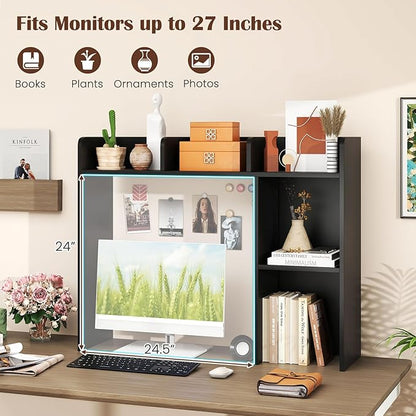 Desktop Bookshelf, 3-Tier Wood Countertop Bookcase with 5 Shelves, Desk Hutch for College Dorm, Multipurpose Desk Organizer Shelf Display Rack for Home Office, Hutch Top Only