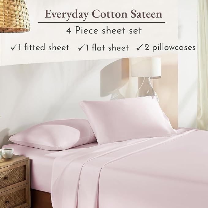 California Design Den King Size Sheets Set - Natural 100% Cotton Bed Sheets King Size with Deep Pockets, Soft Sateen Weave, Breathable and Durable Bedding Set (Pink)