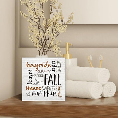 Rustic Fall Autumn Wood Box Sign Desk Decor, Retro Autumn Harvest Decor, Retro Autumn Harvest Wooden Block Sign Decorations for Home Living Room Office Kitchen Wall Tabletop Shelf Decor