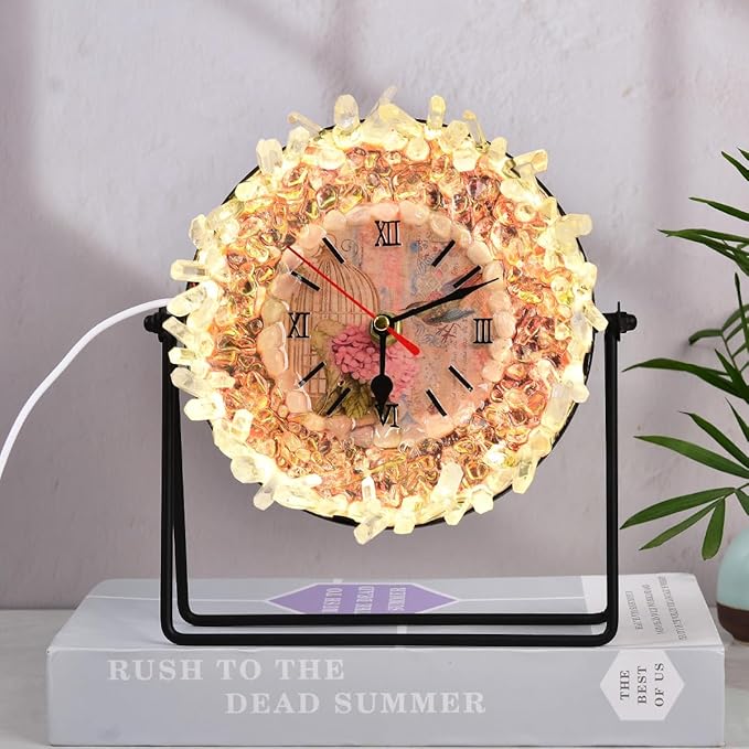 JIC Gem Clear Quartz Crystal Clock with Lamp Decorative Desk Clock USB Port Night Light Home Office Decor