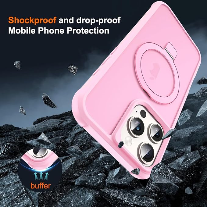 Compatible with iPhone 16 Pro Case with Invisible Magnetic O-Ring Stand Military-Grade Translucent Case for iPhone 16 Pro 6.3" [Compatible with Mag-Safe][Great Grip Feeling], Pink
