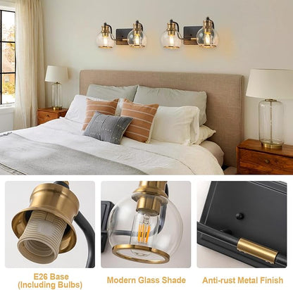 2 Light Modern Bathroom Light Fixtures Over Mirror (LED Bulbs Included), Black Gold Vanity Lights for Bathroom Wall Sconces with Clear Globe Glass Glass Shades