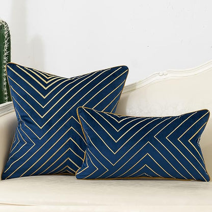 Avigers 12 x 20 Inch Navy Blue Gold Striped Geometric Lines Embroidery Velvet Cushion Case Luxury Modern Lumbar Throw Pillow Cover Decorative Pillow for Couch Living Room Bedroom Car 30 x 50cm