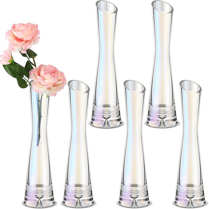 Lallisa 6 Pcs Glass Bud Vases for Centerpieces Maria Modern Clear Small Skinny Decorative Single Flower Bud Vase for Wedding Party Event Home Office Decoration(7.87 Inch,Iridescent)