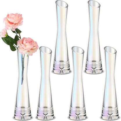 Lallisa 6 Pcs Glass Bud Vases for Centerpieces Maria Modern Clear Small Skinny Decorative Single Flower Bud Vase for Wedding Party Event Home Office Decoration(7.87 Inch,Iridescent)
