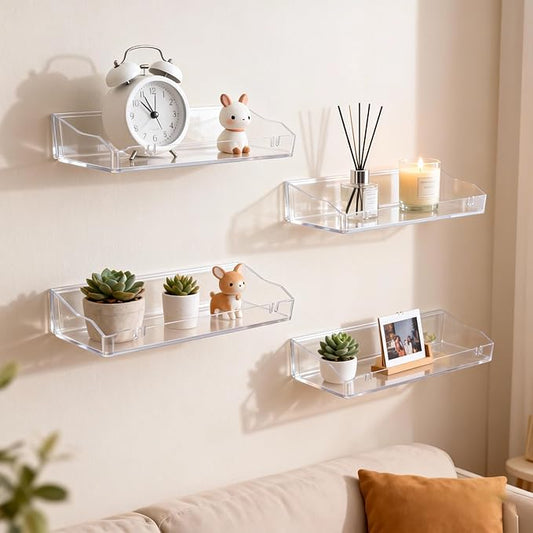 Clear Floating Shelves, Acrylic Shelves for Bathroom Organizers and Storage, Bathroom Shelf with Adhesive Shelf or Screws, Wall Mount Organizer for Shower Caddy,Room Decor, Kitchen, Living Room