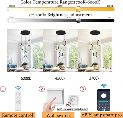 Oval Ring Chandelier Modern LED Pendant Lights for Kitchen Island Adjustable Crystal Ring Chandelier for Dining Room Bedroom Living Room 3-Light Black