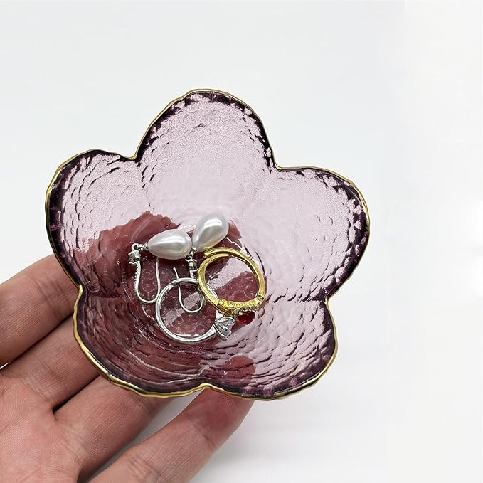 Purple Flower Ring Dish, Small Glass Jewelry Dish Tray, Ring Holder Jewlery Tray Trinket Dish, Bathroom Nightstand Decor Jewelry Bowl Christmas Friendship Birthday Gifts for Women, Soap Dish