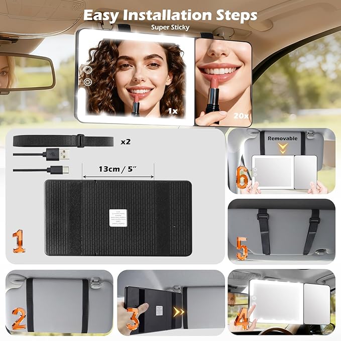 Large 2-in-1 Led Car Vanity Mirror with 20X Strong Magnification,10" Sun Visor Mirror with 3-Color Dimmable Rechargeable LED Lights,Car Makeup Mirrors with Secure Reinforced Flexible Mount
