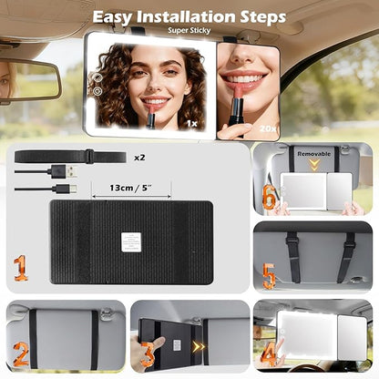 Large 2-in-1 Led Car Vanity Mirror with 20X Strong Magnification,10" Sun Visor Mirror with 3-Color Dimmable Rechargeable LED Lights,Car Makeup Mirrors with Secure Reinforced Flexible Mount