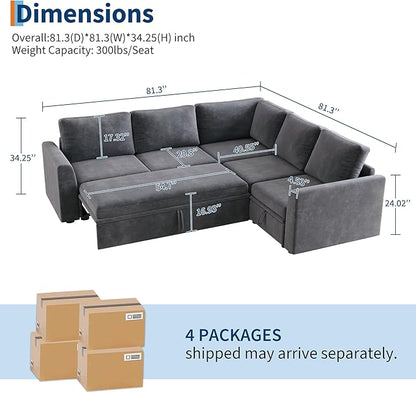 GarveeHome Sectional Sleeper Sofa with Pull Out Bed, Chenille Modular Sectional Sofa U Shaped Couch with Pull Out Couch and Storage Seat & Ottoman, Convertible Couches for Living Room