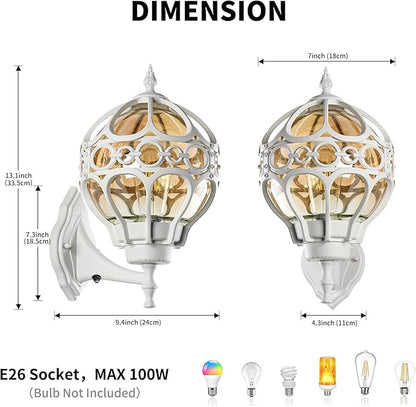 Dusk to Dawn Globe Outdoor Wall Lights, White Porch Light, Aluminum Waterproof Exterior Lighting Fixtures Wall Mount, Sphere Outside House Sconces Lantern with Amber Glass for Patio Garage Doorway