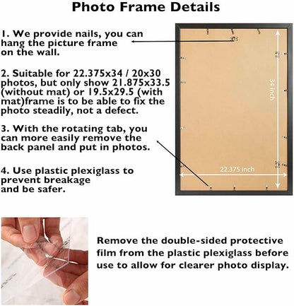 22.375x34 Picture Frame with 20x30 Mat Set of 2, Display Photo 20x30 with Mat or 22.375 x 34 Without Mat, Wall Hanging Large 22.375 by 34 Poster Frame with Plexiglass, 2 Pack, Black