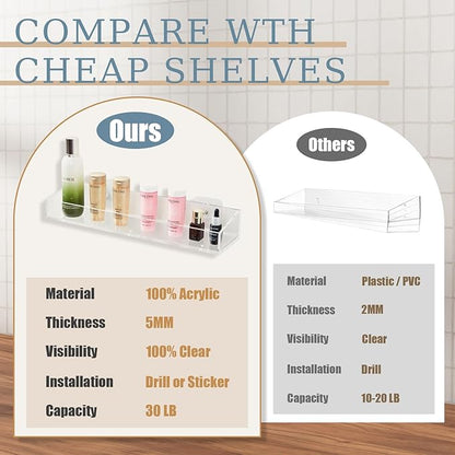 2 Pack Acrylic Bathroom Shelves, Clear Acrylic Shower Caddy Organizer, 15" Invisible Floating Shelves for Book/Figures/Photo/Makeup in Bathroom, Living Room, Bedroom, Kitchen