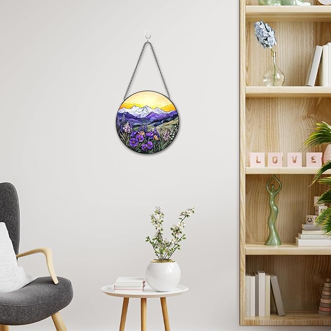 Valley Stained Glass Window Hanging, 7.8" Round Sun Catcher Hand Painted Wall Art Decor with Chain, Unique Housewarming Gifts for Couples, Home