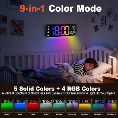 16" Large Digital Wall Clock,9 RGB Colors Digital Clock Large Display with Remote Control,Auto-Dimming,Countdown,Temp,Night Lights for Classroom,Living Room,House Warming, for Elderly