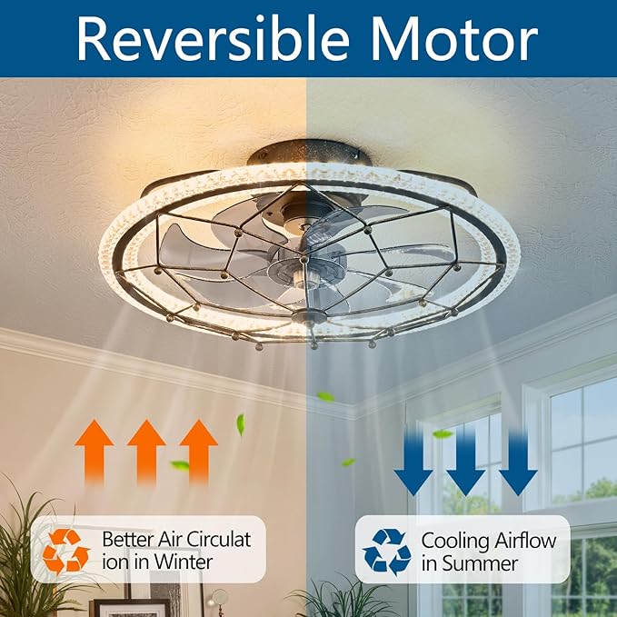 Rustic Black Ceiling Fan with Light, Farmhouse Chemistry Molecular Model Caged Ceiling Fan with Remote, LED Low Profile Ceiling Light for Bedroom Kitchen Living Room