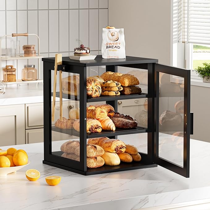 WOWLIVE Black Bread Box for Kitchen Countertop, Large 3 Layers Bread Storage Container for Homemade Bread with Window, Farmhouse Breadbox Organizer for Kitchen, Cabinet, Pantry (Black, Extra Large)
