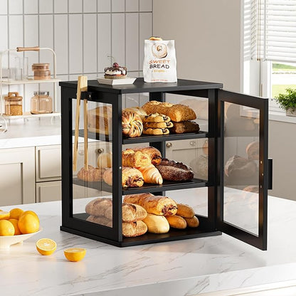 WOWLIVE Black Bread Box for Kitchen Countertop, Large 3 Layers Bread Storage Container for Homemade Bread with Window, Farmhouse Breadbox Organizer for Kitchen, Cabinet, Pantry (Black, Extra Large)